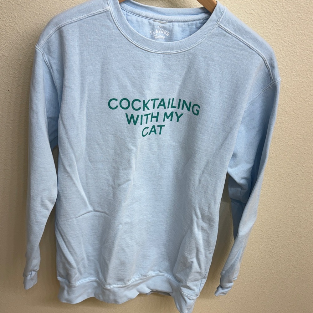 Light Blue Sweatshirt with Green Text